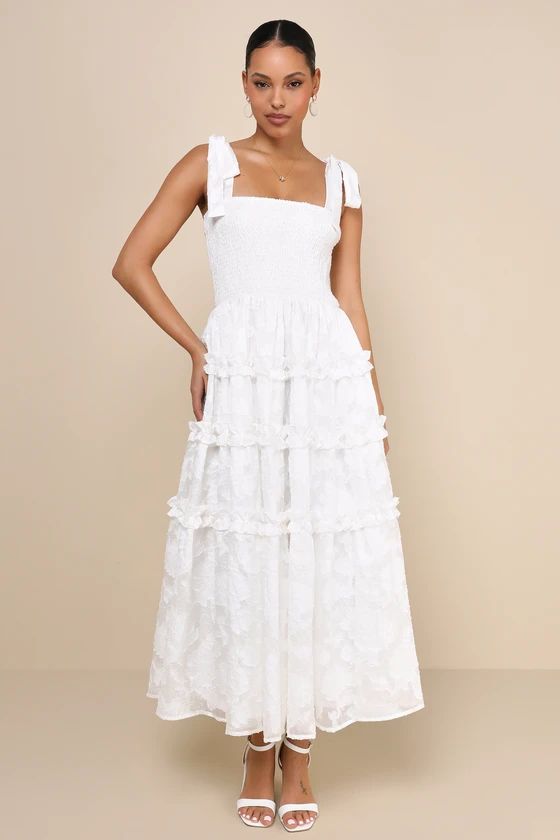 Adored Vibe White Floral Burnout Smocked Tie-Strap Midi Dress | Lulus