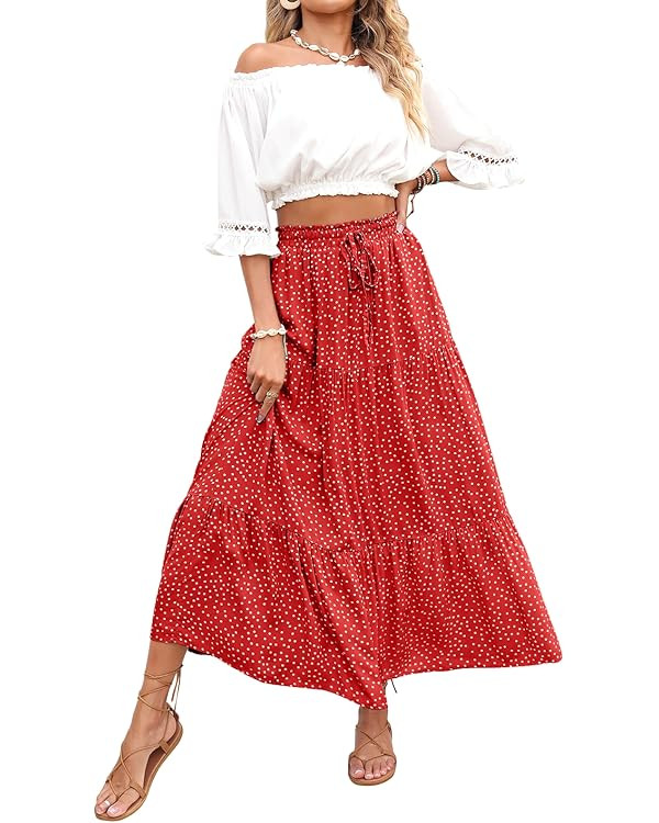 ZESICA Women's 2024 Summer Bohemian Floral Printed Elastic Waist A Line Maxi Skirt with Pockets | Amazon (US)