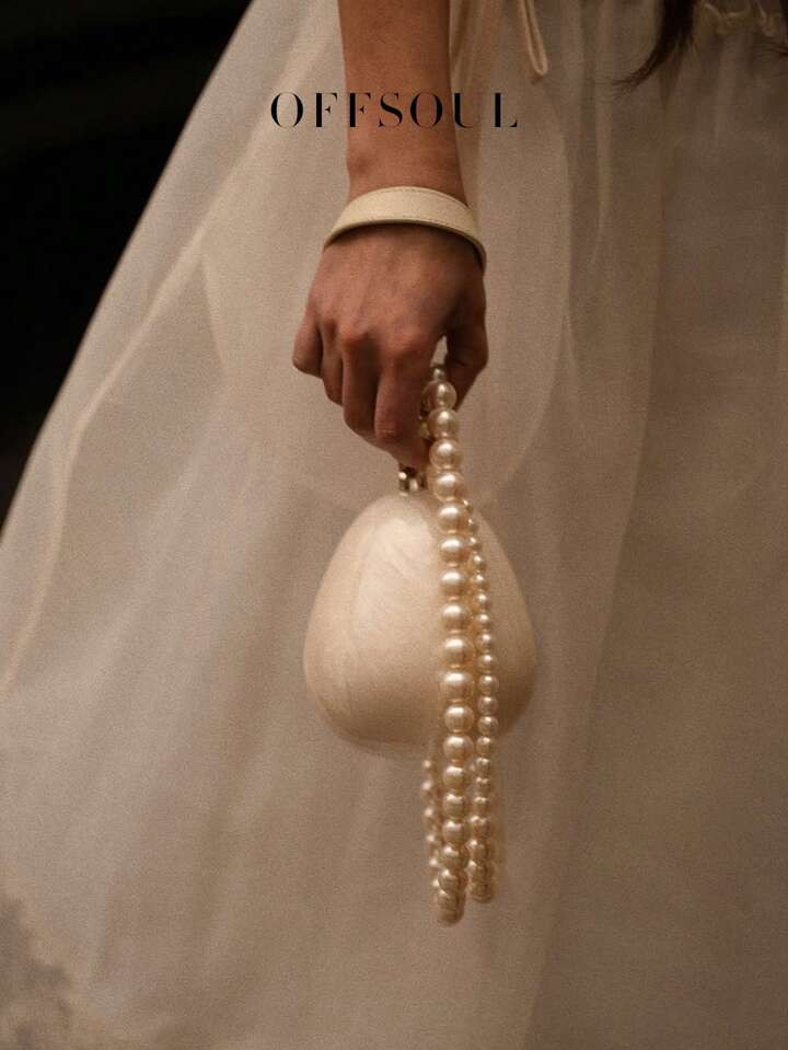 White Wedding Bridal Handbag With High-End Pearl & Acrylic Marble Elements, Elegant Tote Bag For Wedding, Party, Beach, Formal Occasions, Shoulder & Crossbody Strap, Elegant Pearl Clutch, Prom Bag | SHEIN