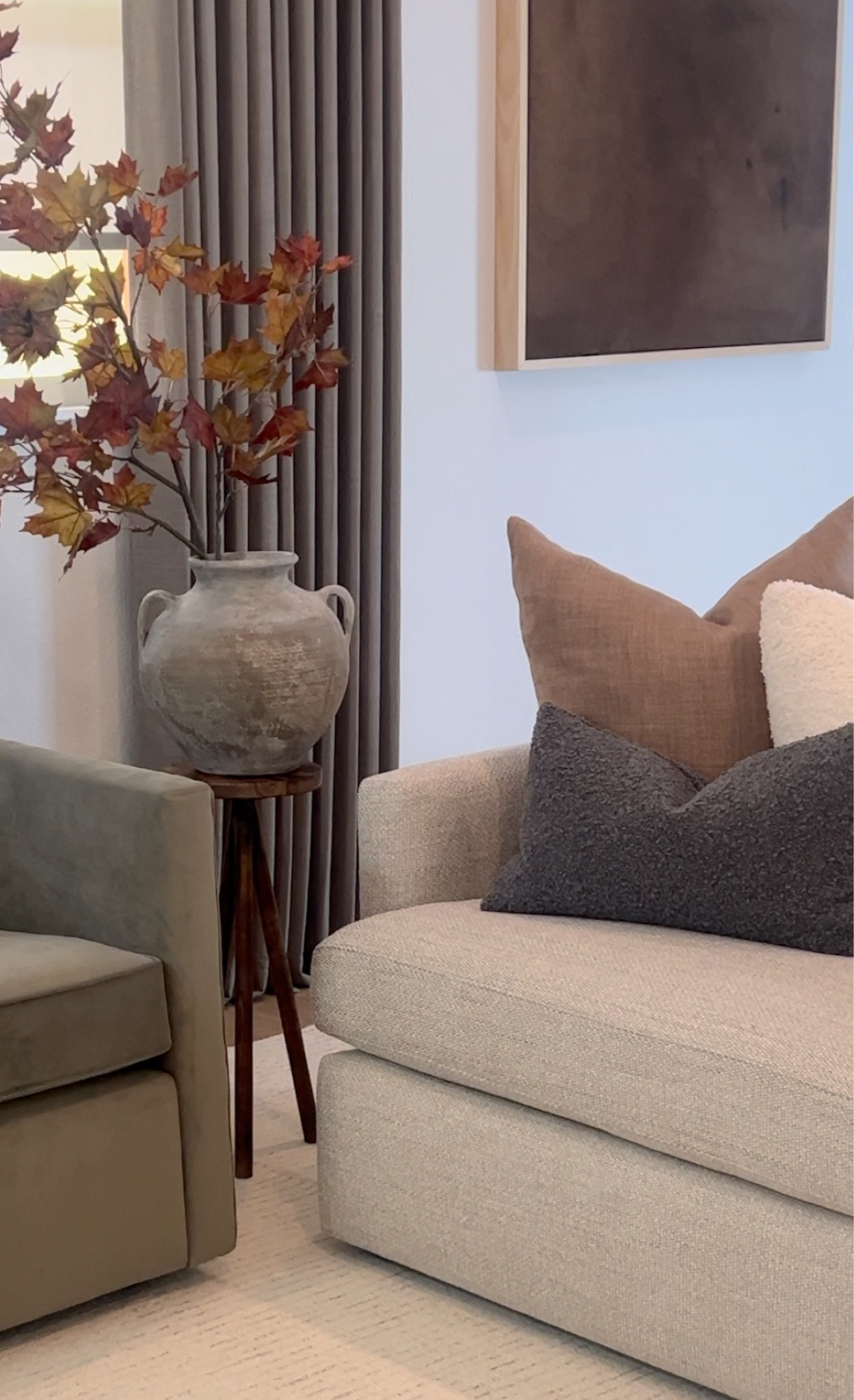 My chair and a half is in performance fabric velvet, color dark olive.

Vessel is one of a kind from aged interiors. 

Art is an FB marketplace find 🫶🏻

Curtains:
Liz Linen Drape Pleated 
Color: Pure Cashmere Light Grey 1908-15
Hanging Header Style (Hooks included): Tailor Pleat 
Single Panel Width when Pleats Sewn and fully Extended (inch): the dimension I use is the length of my rod
Single Panel Length (Height) in Inch: 104 (my ceiling height is 9’-0”)
Lining Type: Unlined
Body Memory Shaped for Tailor Pleat: Yes memory training

#LTKHome