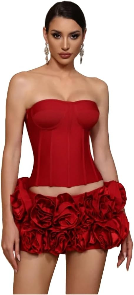 Women Red Sexy Bandage Skirt Set Strapless Corset Top And Mini Flowers Skirt Two Piece Sets Baddi... | Amazon (US)