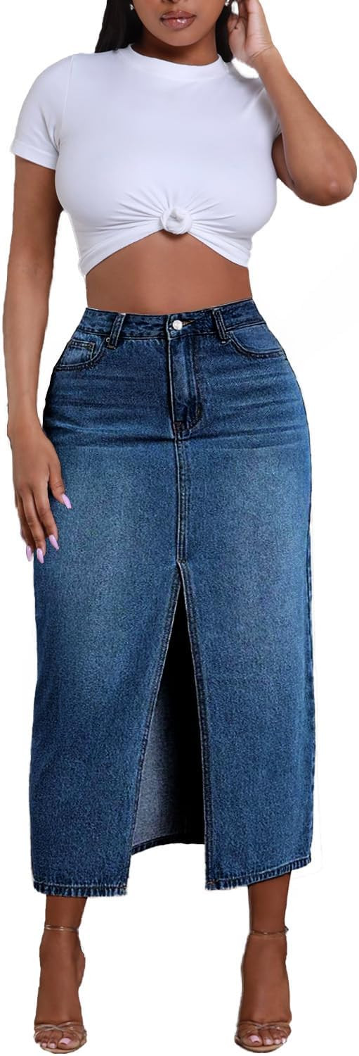 Jean Skirt for Women Denim Skirt High Waist Stretch Midi Denim Skirts with Pockets | Amazon (US)