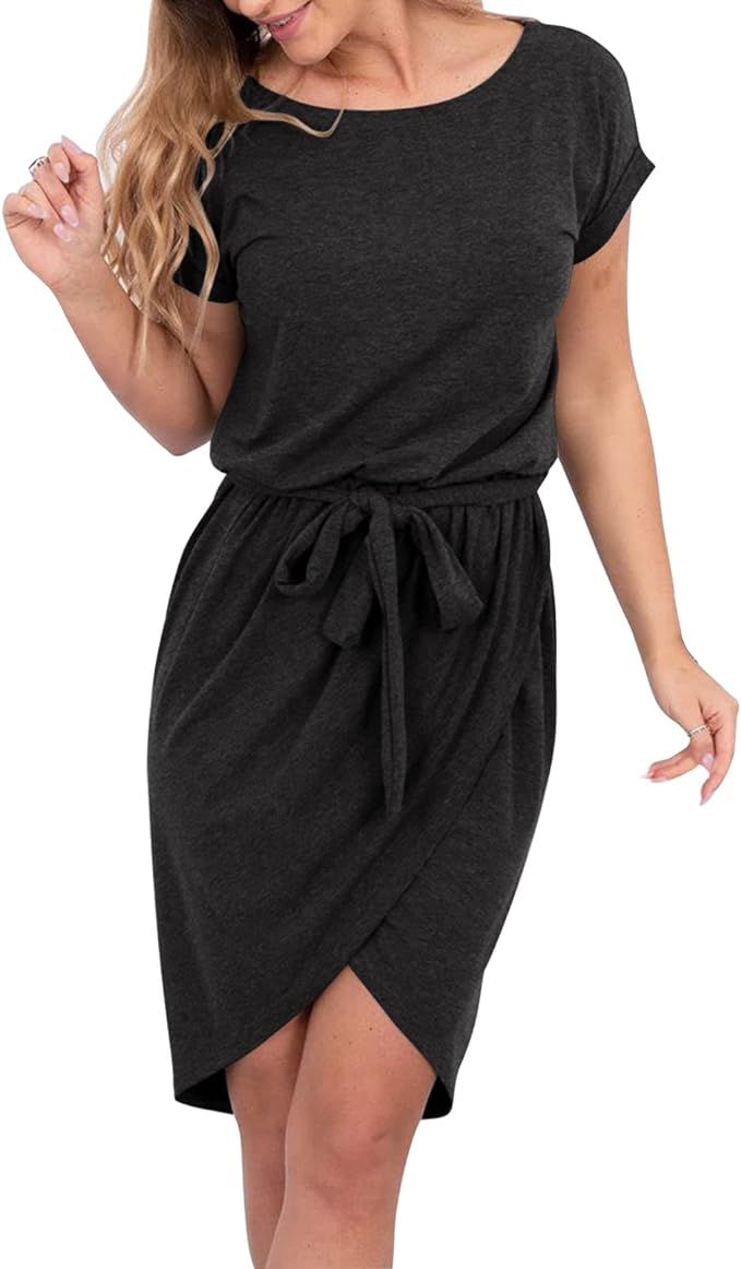 LEANI Women’s Short Sleeve Summer Dress Crewneck Wrap Front Casual Mini Dress with Belt | Amazon (US)