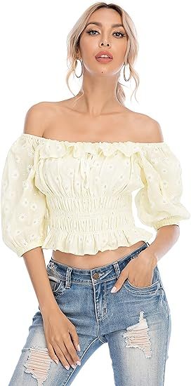 R.Vivimos Women's Summer Half Sleeve Ruffled Floral Print Cute Cotton Crop Blouses Tops | Amazon (US)
