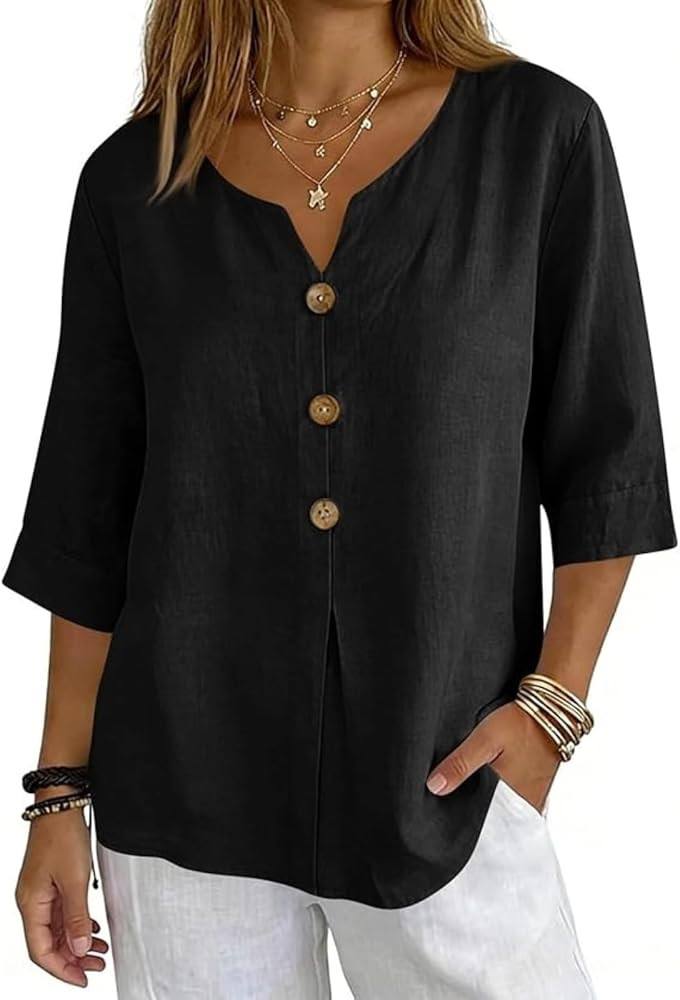 Cotton Linen Tops for Women Dressy Casual 3/4 Sleeve Gauze Shirts Button Down V Neck Blouses Summ... | Amazon (US)