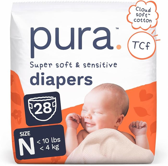 Pura Newborn Baby Diapers - Size N (Up to 10 lbs), 28 Count, Cloud Soft Disposable Diapers for Se... | Amazon (US)