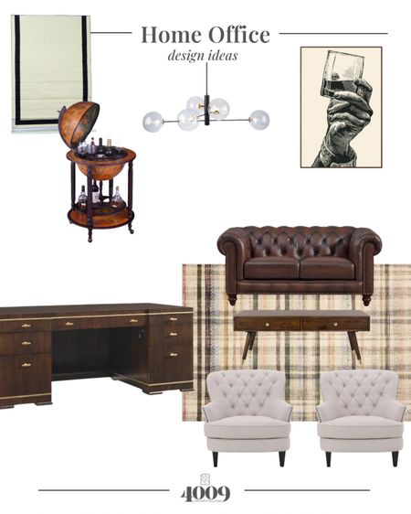 Home office inspo
Office design
Chesterfield sofa
Accent chair 
Loloi rug
Plaid rug
Globe bar
Whiskey art
Roman shade
Chandelier 

#LTKhome #LTKstyletip