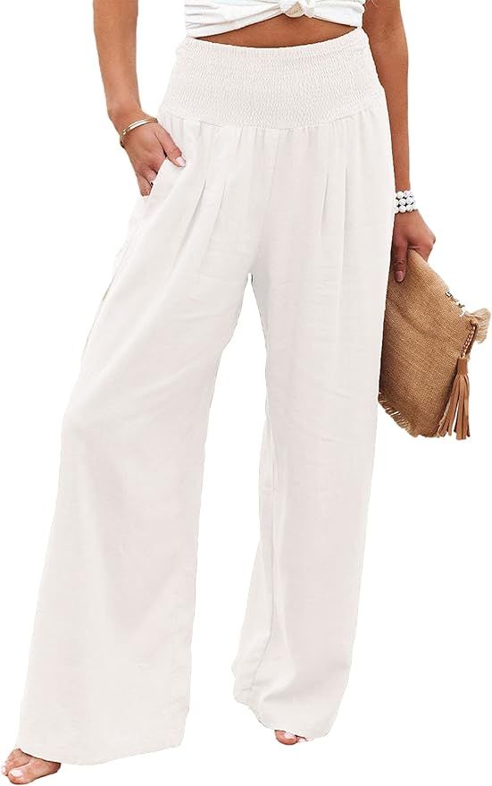 Bozanly Palazzo Pants for Women Lounge High Waist Cotton Linen Smocked Wide Leg Comfy Flowy Pants | Amazon (US)