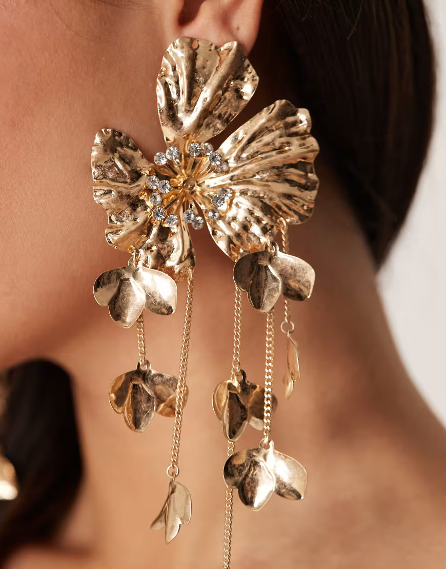 ASOS DESIGN drop earrings in floral tassel design in gold tone | ASOS (Global)