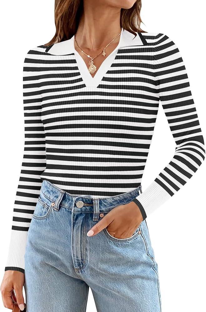 MEROKEETY Womens 2024 Long Sleeve Striped T Shirts Polo V Neck Fitted Ribbed Knit Casual Tee Tops | Amazon (US)