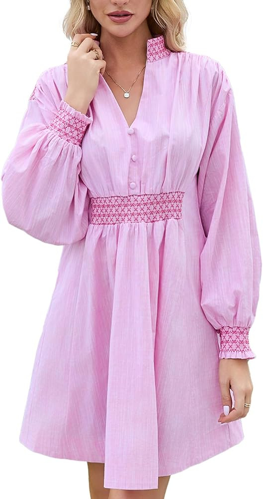 Womens Embroidered Shirt Dress Fall Oversized Long Sleeve Casual V Neck A Line Mini Dress | Amazon (US)