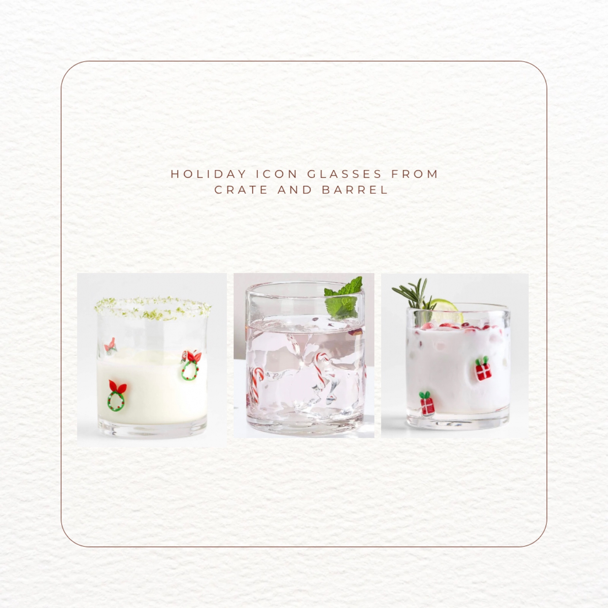 Icon glasses from Crate and Barrel! Anthro icon glasses are sold out (the holiday ones) so these are great options! They’re also cheaper than Anthro :) 

It only lets me tag the candy cane, but if you click the link you can see all the options!

#LTKGiftGuide #LTKHoliday #LTKSeasonal