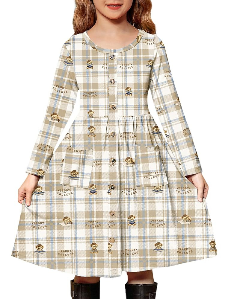 Arshiner Girl's Dresses Button Down Midi Long Sleeve Casual Sundress A-line Dress with Pockets | Amazon (US)
