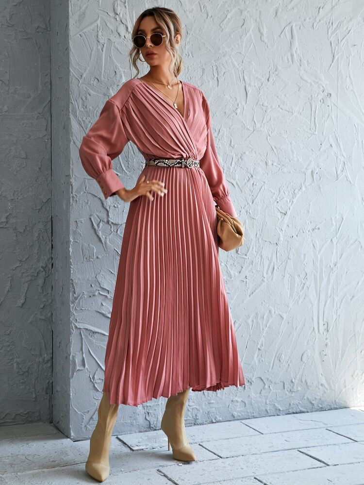Surplice Neck Drop Shoulder Belted Pleated Dress | SHEIN