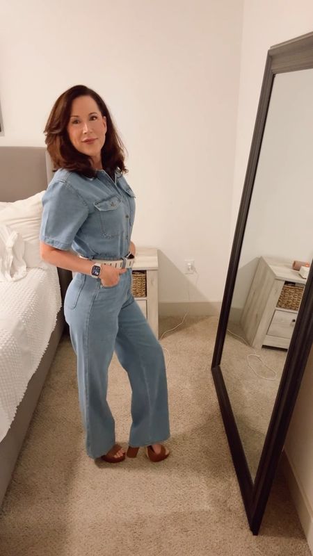 Denim jumpsuit. Spring outfit. Date night look. Sandals. Business casual. Target. 

#LTKfindsunder50 #LTKworkwear #LTKshoecrush