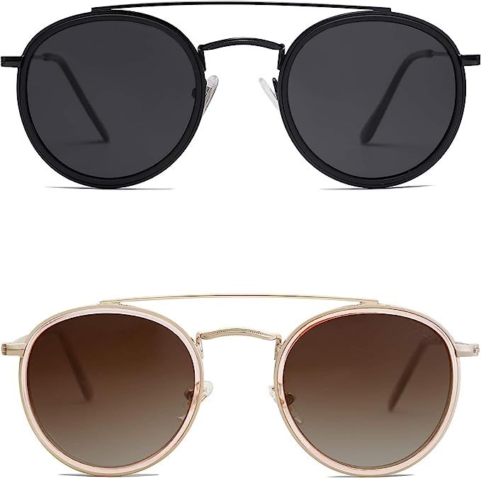 SOJOS 2 Pack Retro Round Polarized Sunglasses UV400 Double Bridge Sun Glasses SJ1104 | Amazon (US)