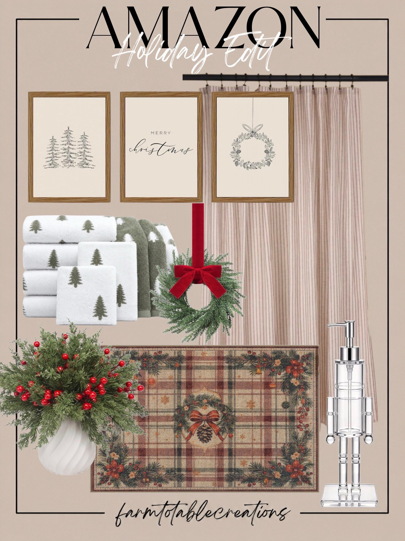 Amazon Christmas Bathroom Finds | Cozy Holiday Charm 🎄❤️

Bring a little Christmas magic into every corner of your home with these beautiful Amazon holiday bathroom finds! 🎄✨ I’m loving the soft neutral tones, festive greenery, and classic pops of red that create such a cozy, timeless look. From the adorable Christmas tree towels and vintage-inspired holiday artwork to the charming plaid bath rug and festive wreath, every detail adds a touch of seasonal warmth!

These gorgeous finds are perfect for giving your bathroom a simple holiday refresh without overwhelming your everyday decor. The striped shower curtain, berry greenery, and elegant nutcracker soap dispenser bring together that collected, designer-inspired Christmas aesthetic. Proof that even the smallest spaces deserve a little holiday cheer! ❤️🌲

Follow @farmtotablecreations on Instagram for more cozy home finds and trending decor.

#LTKHome #LTKHoliday #AmazonFinds #AmazonHome #AmazonChristmas #AmazonHolidayDecor #ChristmasBathroom #ChristmasBathroomDecor #HolidayBathroom #ChristmasDecor #HolidayHomeDecor #CozyChristmas #TraditionalChristmas #ChristmasTowels #ChristmasWallArt #HolidayDecorating #ChristmasHomeInspo #DesignerInspired #CozyHome #HolidayFinds