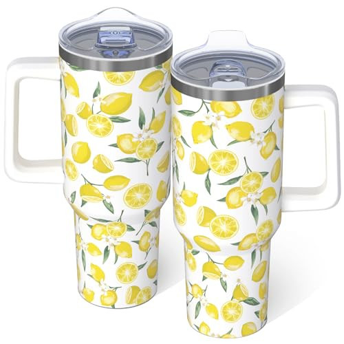 xspgrnm 40oz Lemon Tumbler With handle, Stainless Steel Leak Proof Travel Coffee Mug Cup Water Bottle Tumbler With Lid and Straw, Lemon Gifts for Women Birthday Christmas Mothers Day | Amazon (US)