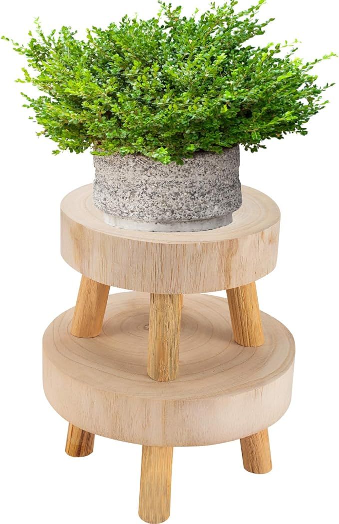 Pack of 2 Mini Wooden Stool Display Stand- Round Decorative Flower Shelf Bonsai Rack Garden Plant... | Amazon (US)