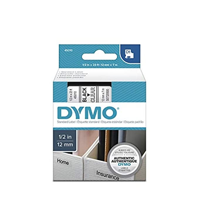 DYMO Standard D1 45010 Labeling Tape (Black Print on Clear Tape, 1/2'' W x 23' L, 1 Cartridge), DYMO | Amazon (US)