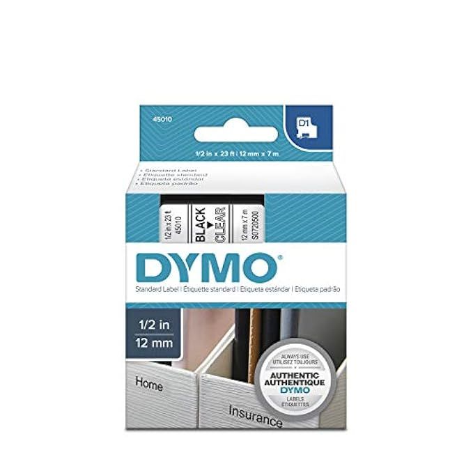 DYMO Standard D1 45010 Labeling Tape (Black Print on Clear Tape, 1/2'' W x 23' L, 1 Cartridge), DYMO | Amazon (US)