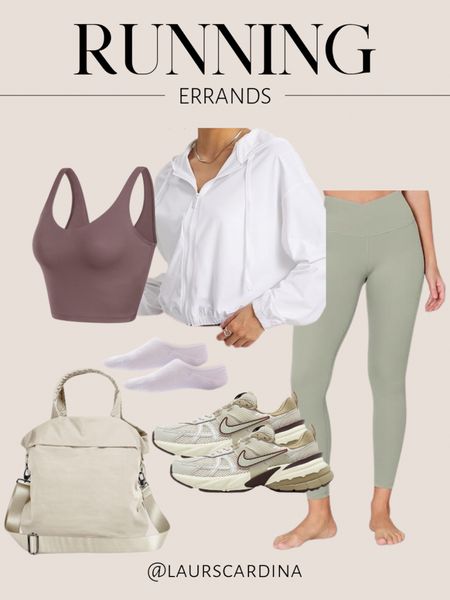 This running errands outfit includes a plum sports bra, green leggings, a white lightweight zip up jacket, gym bag, Nike sneakers, and no show socks. 

Athleisure, workout outfit, casual spring outfit, Amazon fashion

#LTKshoecrush #LTKfindsunder50 #LTKstyletip