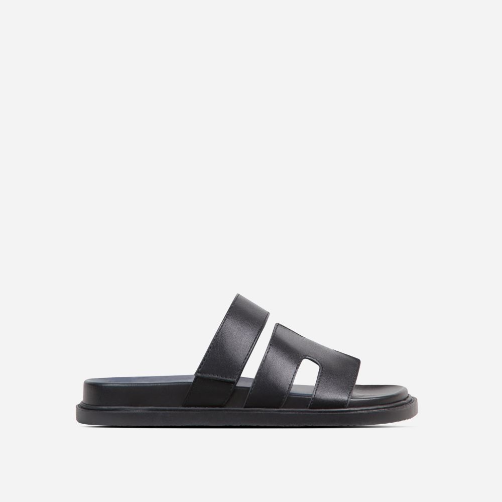 Valerie Gladiator Velcro Strap Flat Slider Sandal In Black Faux Leather | Ego Shoes (UK)
