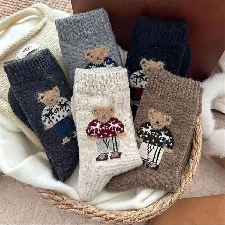 5 Pairs Women's Winter Mid-Calf Socks - Cozy Thermal Lined Teddy Bear & Mushroom Design, Soft Animal Pattern, Machine Washable, 5 Colors (Brown/Beige/White/Grey/Black) For Casual & Formal Wear, Cute Socks, Comfortable Footwear, Whimsical Sock Design, Cold Weather Wear, Plush Material, Sock Lovers | SHEIN