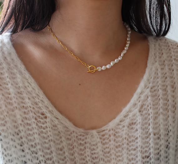 Toggle Clasp Pearl Chain Necklace, Gold Toggle Necklace, Pearl Choker Necklace, Paperclip Chain N... | Etsy (US)