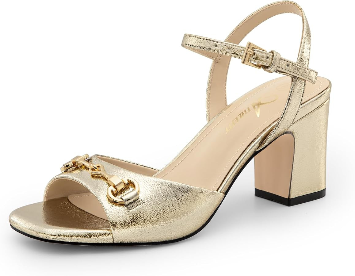 Athlefit Women's Chunky Block Heels for Women Open Toe Ankle Strap Heeled Sandals with Metal Chai... | Amazon (US)