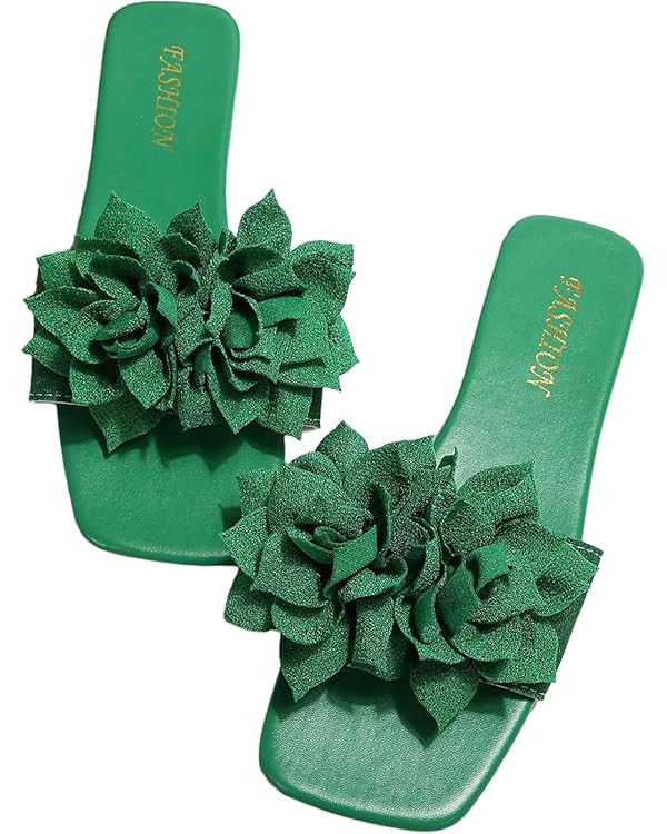Women's 3D Floral Flat Sandals Dressy Square Open Toe Sandals Single Band Casual Slip on Slides | Amazon (US)