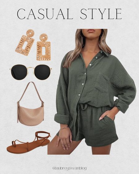 Casual style 🤍 

Amazon finds, retro sunglasses, 2 piece green lounge set, brown strappy sandals, shoulder bag, boho drop earrings 