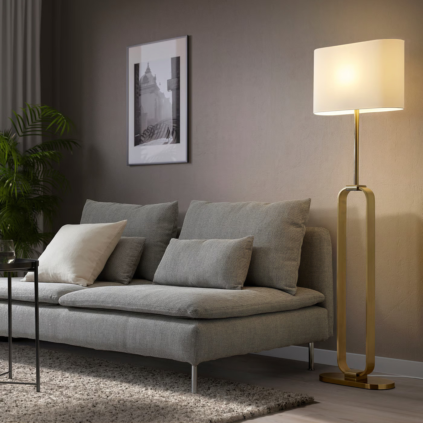 IKEA UPPVIND brass plated floor lamp with fabric drum shade