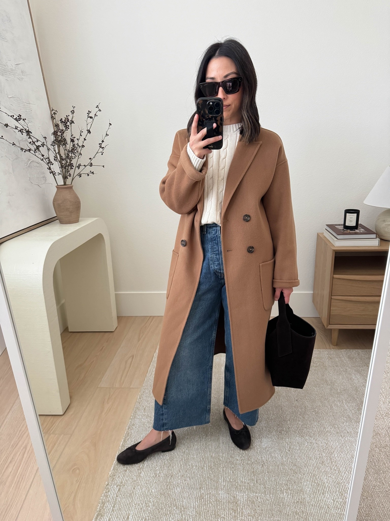 casual workwear outfit idea with jeans. 

Anine Bing coat xxs
Gap cable knit sweater petite xs
AGOLDE Curve jeans 25, cut hems
Madewell flats 5
Banana Republic bag
Celine sunglasses

#LTKOver40 #LTKWorkwear #LTKPetite