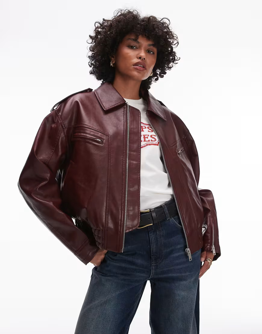 Topshop faux leather cropped collar bomber jacket in burgundy-Black | ASOS (Global)