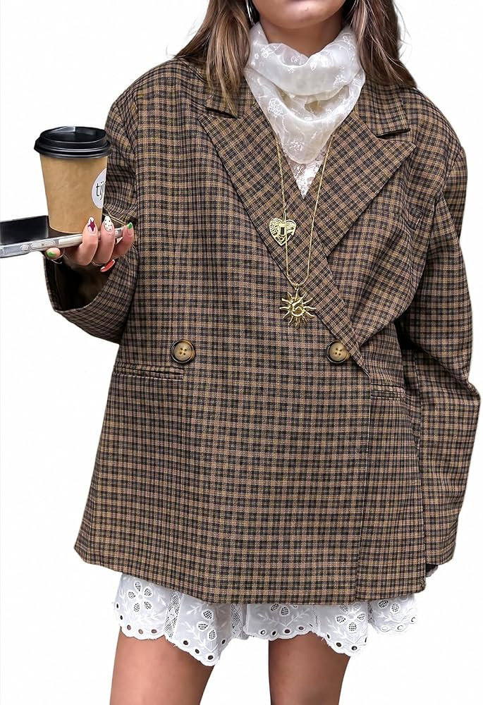 Tankaneo Womens Plaid Blazers Oversized Business Casual Suits Jackets | Amazon (US)
