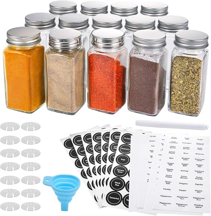 AOZITA 14 Pcs Glass Spice Jars with Spice Labels - 4oz Empty Square Spice Bottles - Shaker Lids a... | Amazon (US)