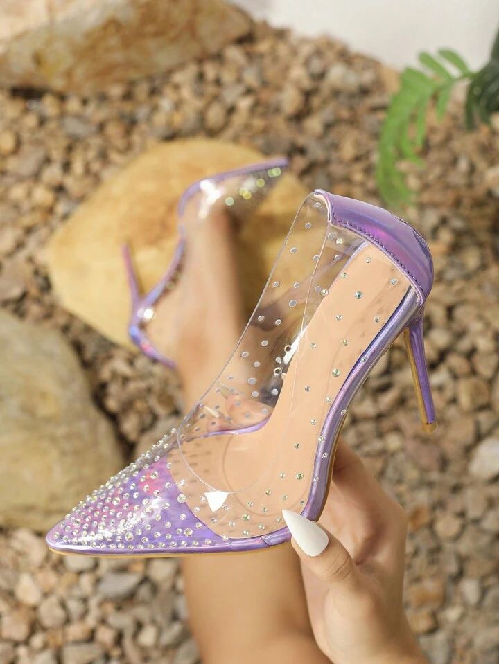 Women's High Heel Pumps Colorful Rhinestone Decor Transparent Glass Jelly Shallow Mouth Shoes, Pu... | SHEIN
