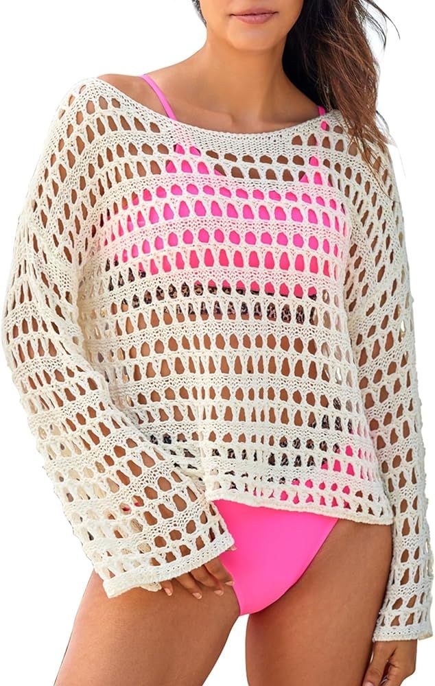 Herseas Women's Summer Crochet Hollow Out Long Sleeve Crewneck Beach Bikini Swimsuit Mesh Cover U... | Amazon (US)