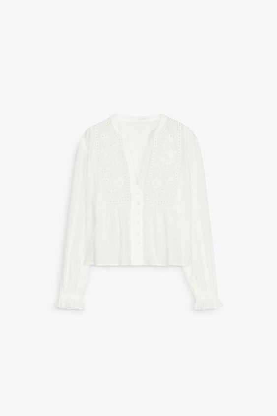 EMBROIDERED EYELET CROPPED BLOUSE | Zara US