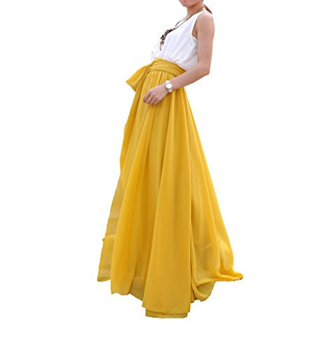 Melansay Women Beatiful Bow Tie Summer Beach Chiffon High Waist Maxi Skirt L,Mustard Yellow | Amazon (US)