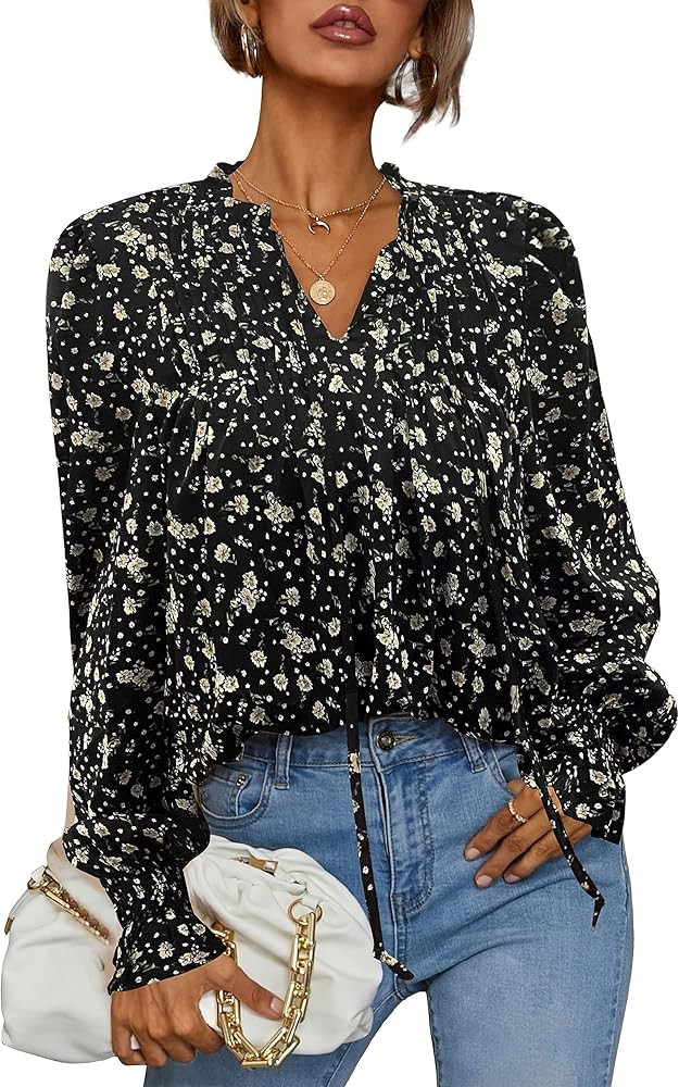 HOTOUCH Womens Long Sleeve Tops Boho Floral Printed Blouses Casual V Neck Pleated Drawstring Peas... | Amazon (US)