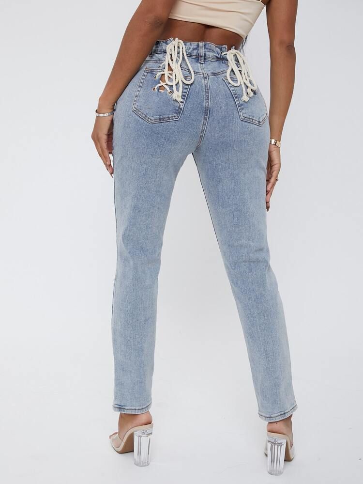 SHEIN SXY Eyelet Lace Up Knot Mom Jeans | SHEIN