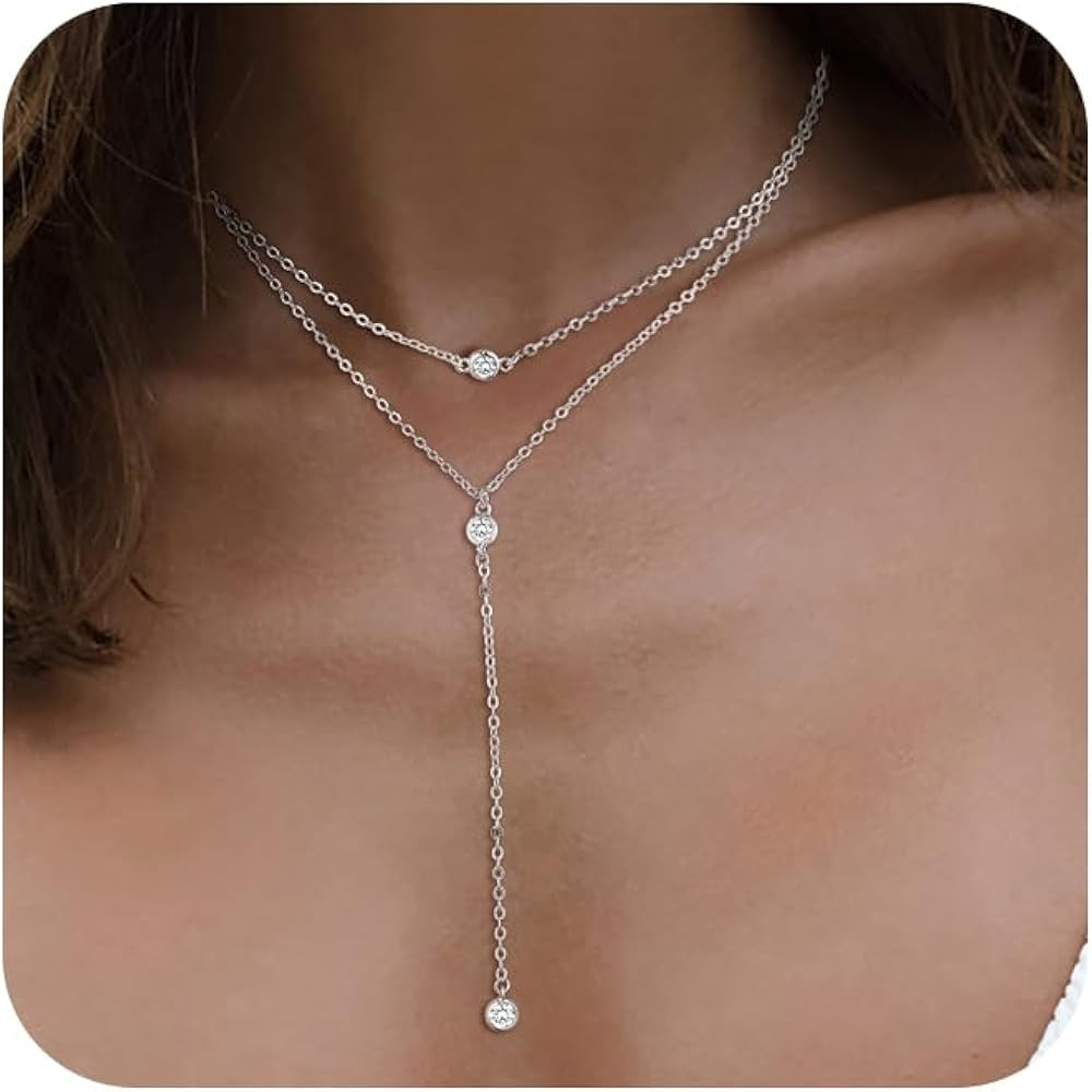 Lariat Gold Necklace for Women, 14k Gold Plated Dainty Long Layered Y Necklaces CZ Pendant Choker... | Amazon (US)