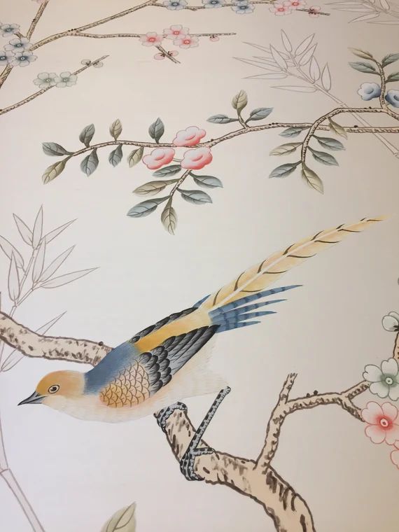 24" x 52" Chinoiserie Handpainted Artwork on Beige Slub Silk DP-1 | Etsy (US)