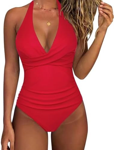 SUUKSESS Women Sexy Tummy Control One Piece Swimsuits Halter Push Up Bathing Suits | Amazon (US)