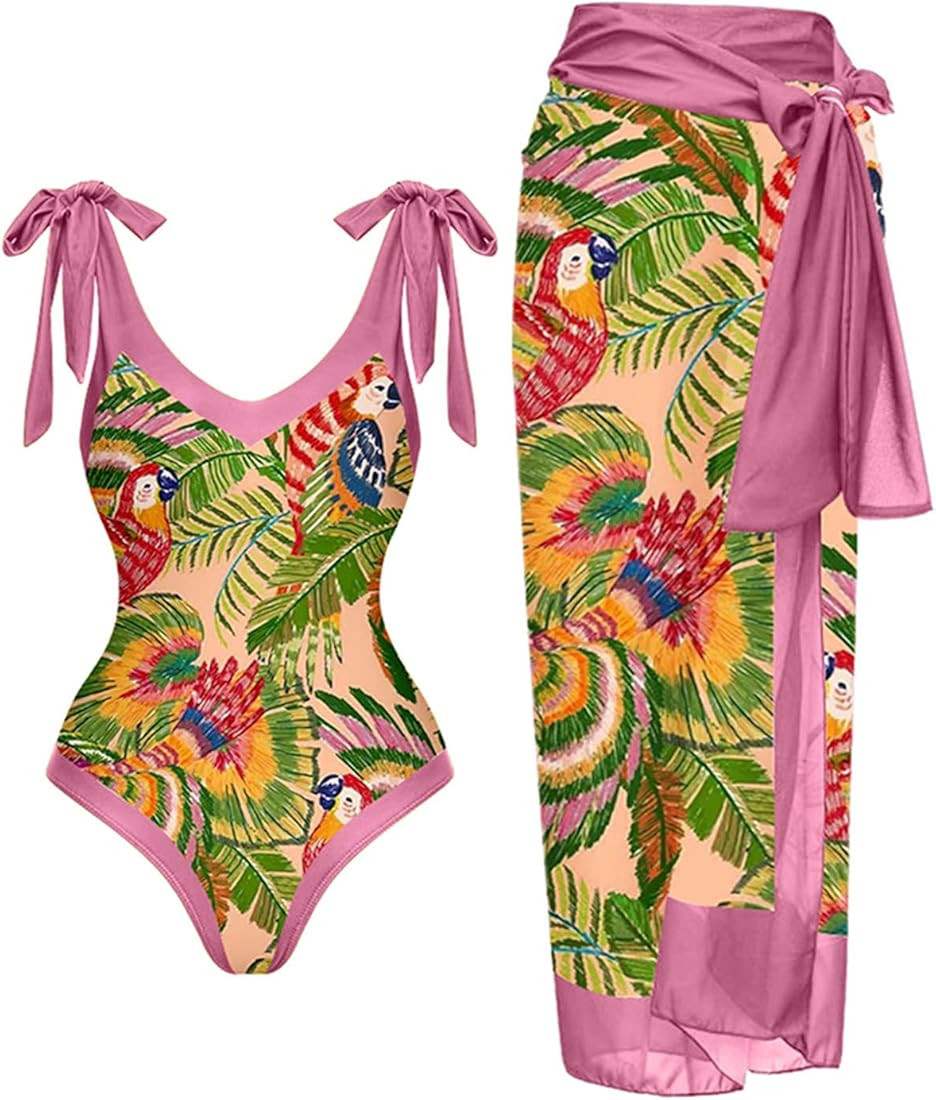Cbcbtwo One Piece Bathing Suit for Women with Bikini Maxi Wrap Skirts 2 Piece Floral Print Swimsu... | Amazon (US)