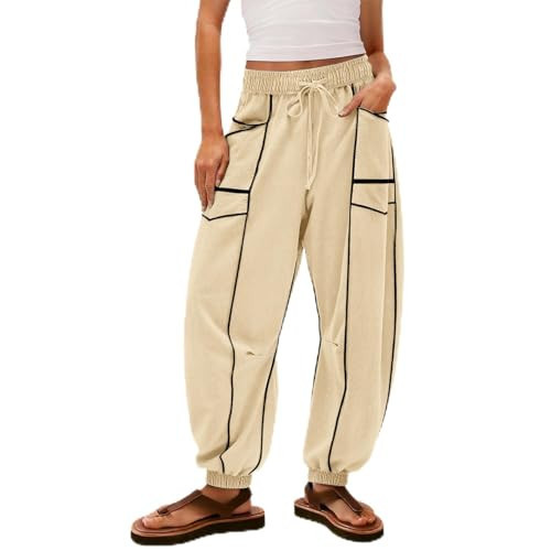 Barrel Sweatpants Women High Waisted Contrast Patchwork Jogger Sweatpants Lightweight Wide Leg Lounge Pants Baggy Drawstring Y2k Athletic Track Pants with Pockets Pantalones Anchos para Mujer Beige | Amazon (US)