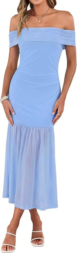 Simplee Womens Summer Off Shoulder Maxi Dress 2026 Ruched Bodycon Flowy Tulle Formal Cocktail Wed... | Amazon (US)