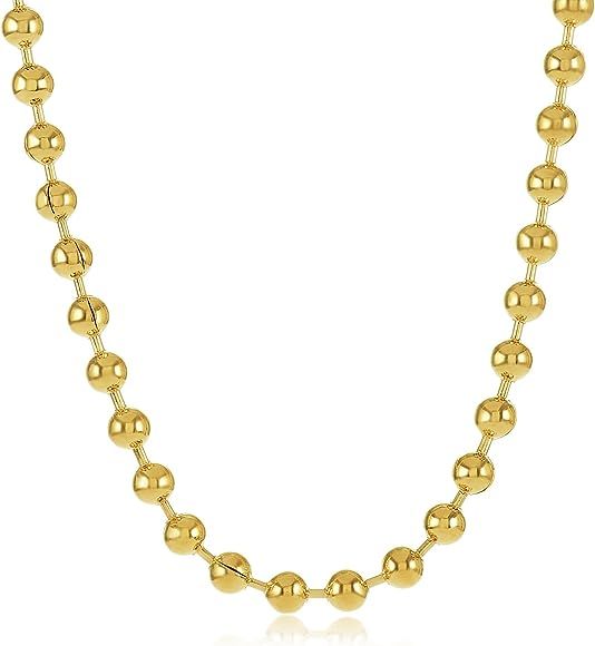 The Bling Factory 3.3mm 0.25 mils (6 microns) 14k Yellow Gold Plated Round Bead Chain Necklace, 7... | Amazon (US)